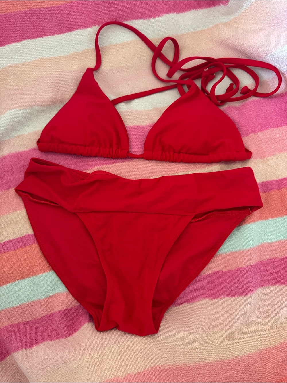 aerie Bright Red Triangle Bikini with Folded Waistband
